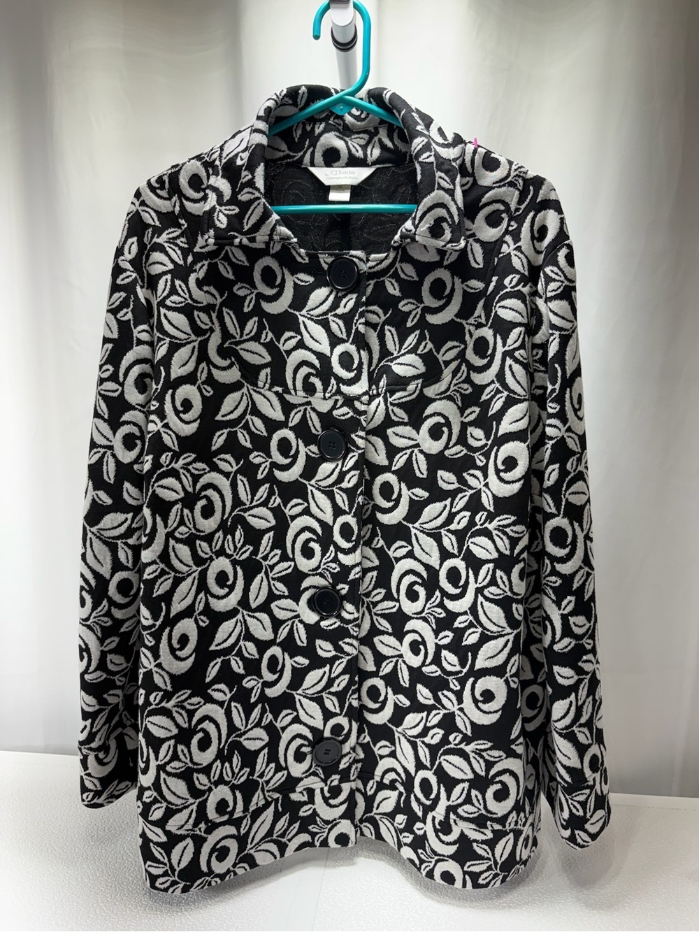 Christopher & Banks Black and White Floral-Print Pea Coat 4405